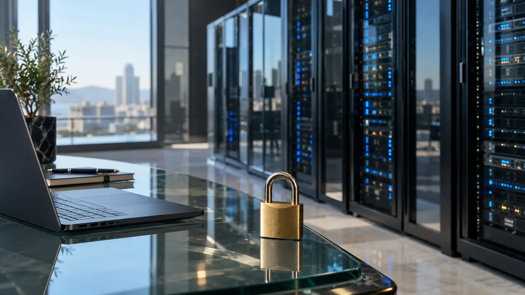 A lock representing data security in front of server systems