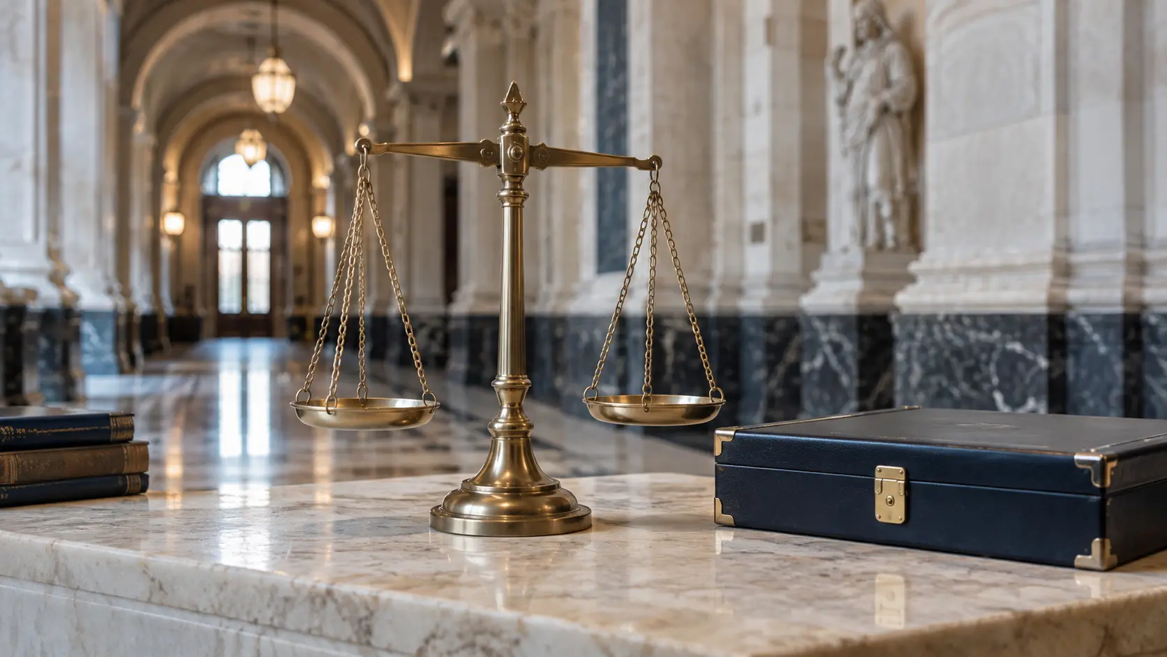 Scales of justice and a file box in a courthouse corridor