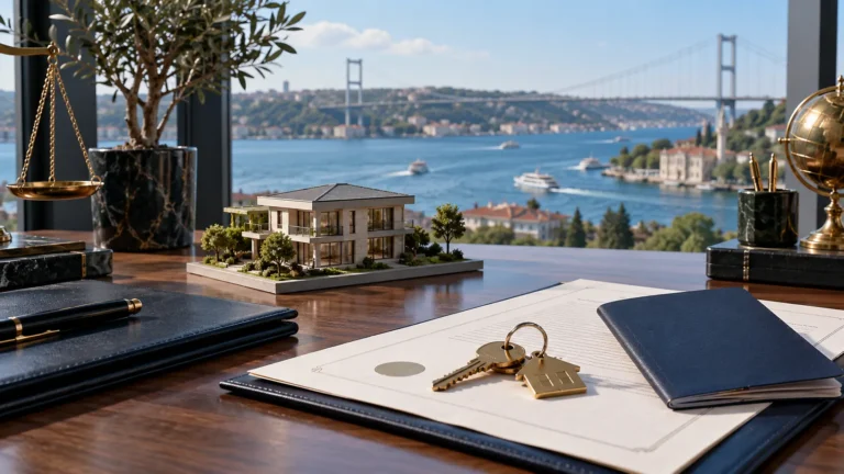 A model home, passport and keys illustrating a foreign buyer's title transfer process.