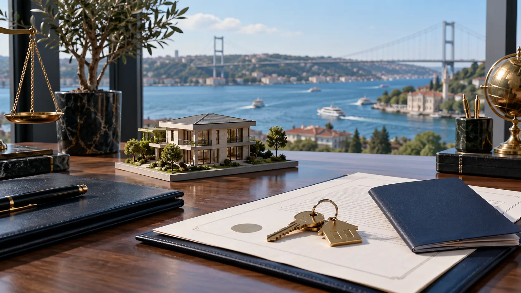 Yabancı alıcının tapu devri sürecini temsil eden konut maketi, pasaport ve anahtarlar.