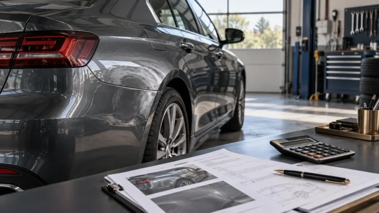 A damaged car and calculation documents illustrating a diminished value assessment.
