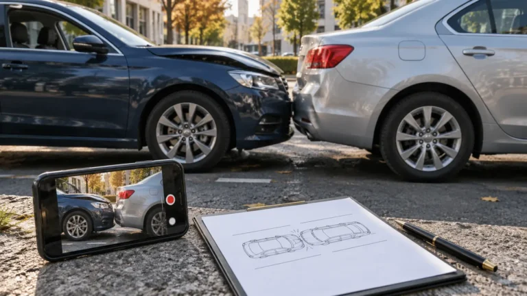 Vehicles, a phone camera and an accident report illustrating an assessment of fault.