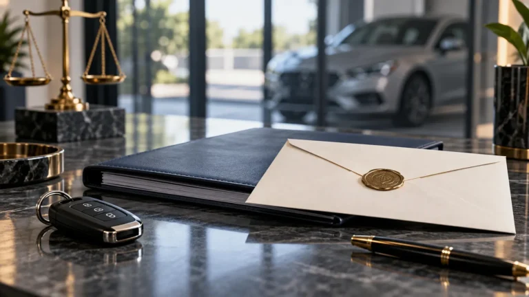 A car key, claim file and notification envelope illustrating a comprehensive motor insurance claim.
