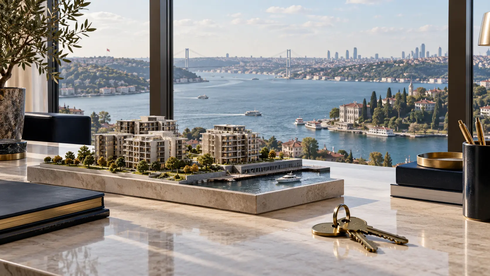 An architectural model and keys overlooking the Bosphorus