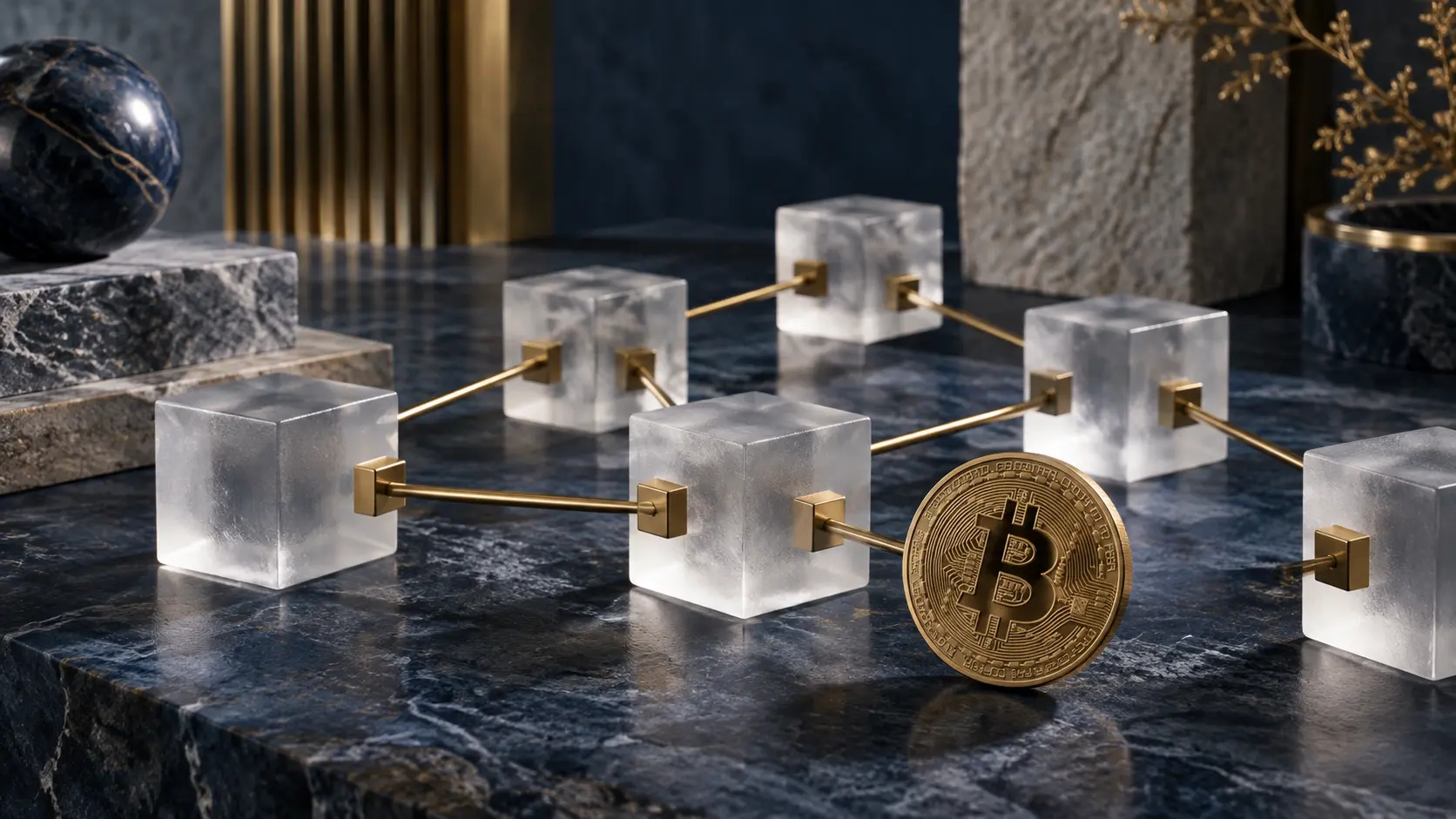 Birbirine bağlı cam bloklar ve Bitcoin simgesi