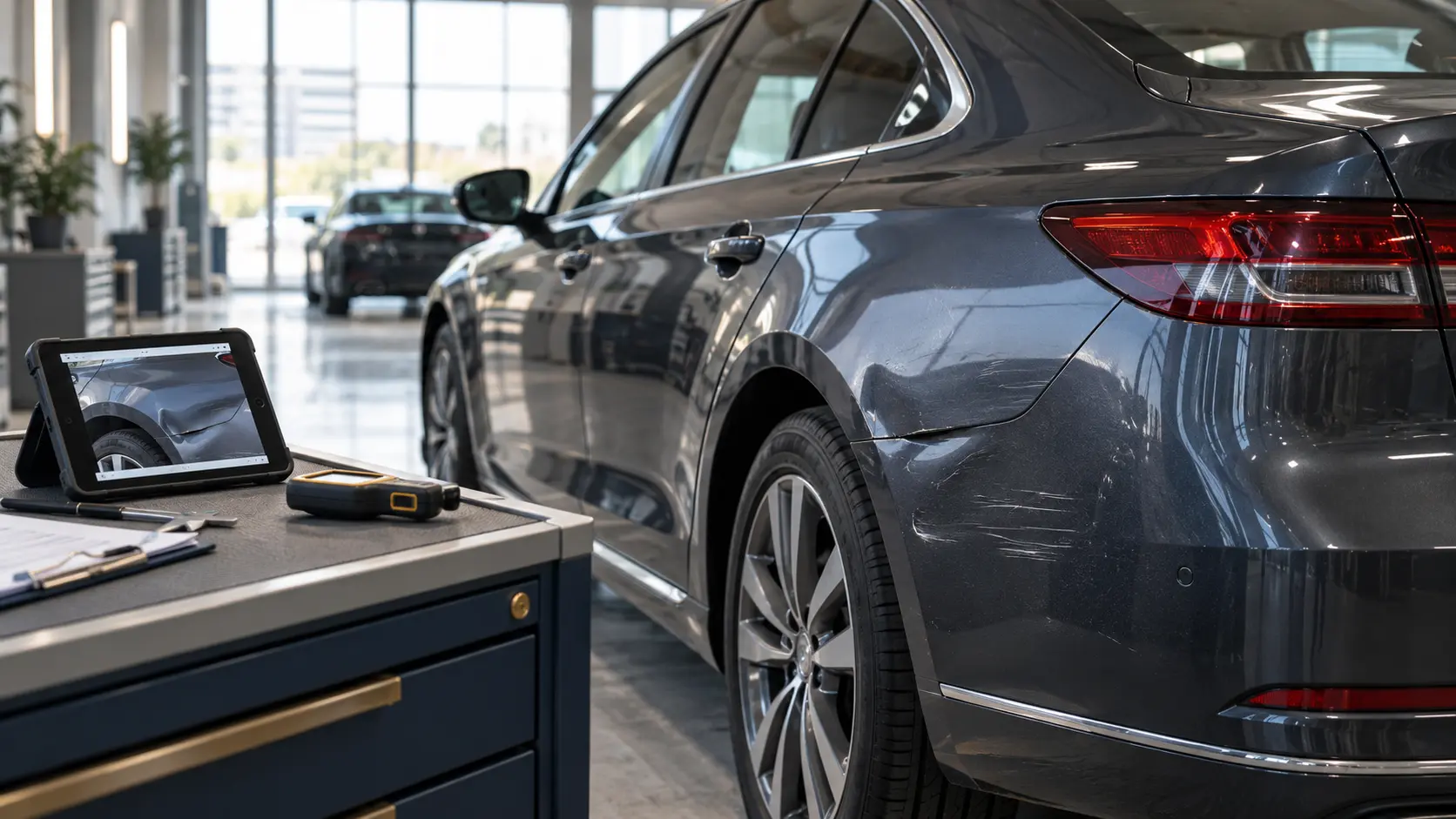 A damaged vehicle panel and damage assessment equipment